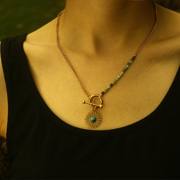 Boho-Chic McKENZIE Necklace - Natural Blue Stone & Gold - Ornate Sun Pendant - Picture 7 of 8